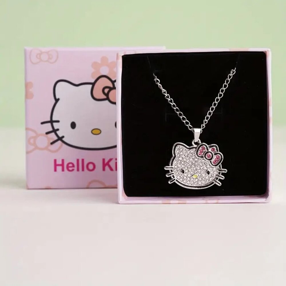 HELLO KITTY silver PENDANT NECKLACE rhinestone SPARKLY gift BOXED